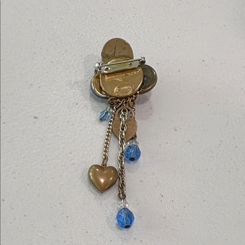 Vintage Glass & Metal Button Brooch with charms—BEAUTIFUL! Glass Beads—Artisan